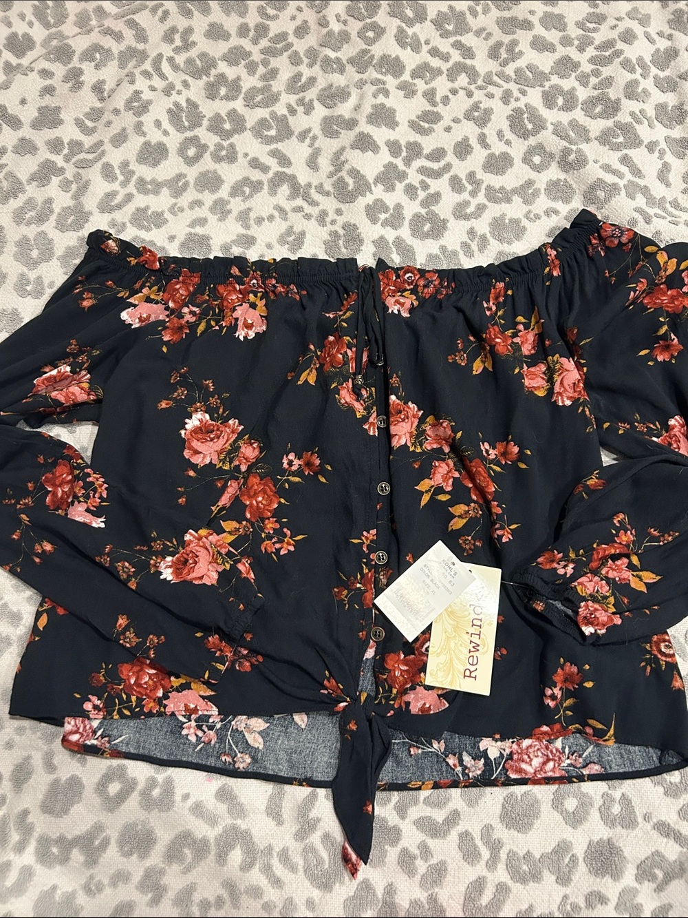 Rewind Black Floral Off-Shoulder Tie-Front Blouse